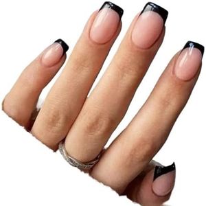 Eenvoudige vierkante nepnagels met geleilijm, roze en witte French press-on nepnagels met kleurverloop, korte nageltips met volledige dekking(108,S)