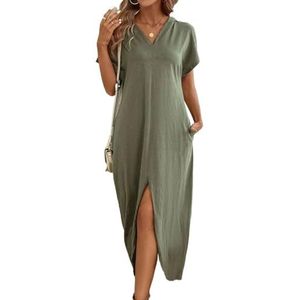 jurken voor dames Stevige jurk met gespleten dij en vleermuismouwen (Color : Army Green, Size : Small)