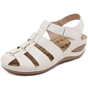 Womens Massage Zolen Sandalen Zomer Holle Gesloten Teen Sleehak Strand Sandalen Dames Platform Leer Zachte Comfortabele Voetboog Ondersteuning Wandelschoenen,Wit,US5/EU36