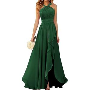 Halter Prinses Bruidsmeisjes Jurken Geplooide Galajurken Ruche Chiffon Split Formele Avond Party Gown ZM212, Emerald Groen, 32