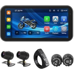 6,25"" Motorfiets Dashcam, 1080p + 1080p Motorfietscamera, CarPlay & Android Auto, Wifi, IP67 Waterdicht, 128GB Kaart Inbegrepen, Moto TPMS