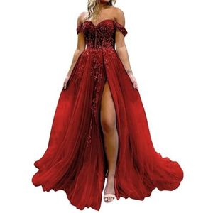 HPPEE Dames off-shoulder galajurken met split kant applicatie glitter tule formele jurk lange baljurk, Bordeaux, 32