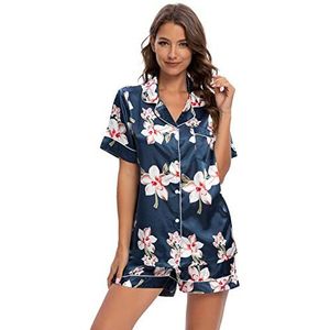 GOSO Damespyjamaset, satijn, pyjama, button down, pyjama voor dames, korte broek en T-shirt, nachtkleding, Lady Nightwear, zachte sets, blauw#, XXL
