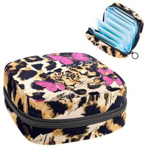 Draagbare maandverband opbergtas, menstruatiecup zakje vrouwelijke menstruatie pads tas voor tienermeisjes, tampons eerste menstruatie kit, luipaardprint met roze vlinders
