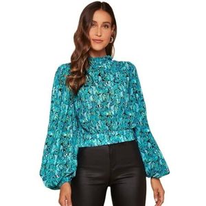 dames topjes Blouse met opstaande hals en lantaarnmouwen met allover print (Color : Gr�n, Size : L)