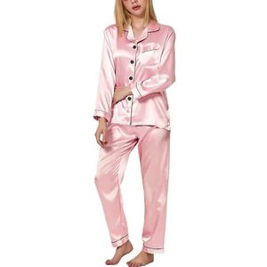 TANTOMI Pyjama dames satijn, tweedelige nachtkleding huispak met knoopsluiting knuffelig V-hals lange mouwen satijn pyjama dames, roze, XS-S