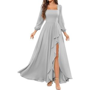 HPPEE Bruidsmeisjesjurken met lange mouwen en split ruches vierkante hals chiffon formele avondjurk, Zilver, 32