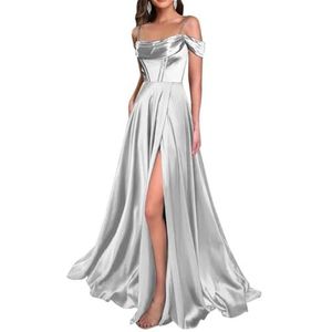 WSEYU Satijn Bruidsmeisjes Jurken Spaghetti Bandjes Galajurken Koude Schouder Formele Avond Feestjurk ZM211, Zilver, 32