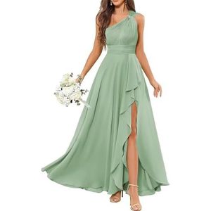 HPPEE Avondjurk met één schouder voor dames, met split en ruches, mouwloos, chiffon, formele avondjurk, Sage Groen, 32