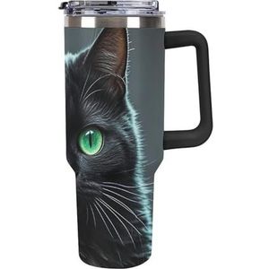 RTFGHJS 40 oz Tumbler Zwarte Kat Groene Ogen Geïsoleerde Tumbler Reizen Koffiemok met Rietjesdeksel Roestvrijstalen Waterfles Vacuüm Geïsoleerde Tumbler voor Sport Werk Auto Reizen Weekends