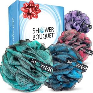 SHOWER BOUQUET® Loofah-houtskool badspons-kleurset XL-75g extra groot 4-pack, zachte mesh zwarte bamboe Loufa Puff - exfoliërende lichaamsscrubber voor dames en heren: rustgevende gezichts- en