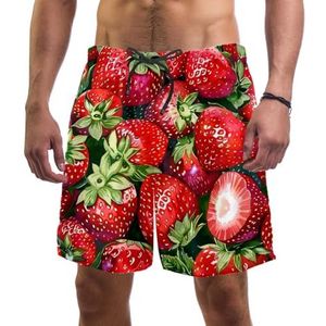 PAFEFO Red Fresh Summer Strawberries Board Shorts voor heren, sneldrogend strand zwemmen sportpakken met zakken, Rode verse zomeraardbeien, XXL