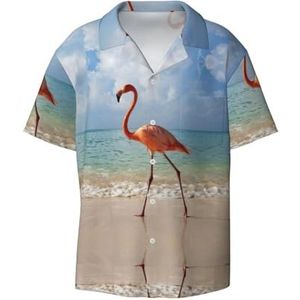 TyEdee Mooie flamingo-print herenoverhemden met korte mouwen en zak, casual overhemd met knopen, zakelijk overhemd, Zwart, M