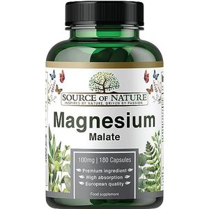 Source of Nature® | Magnesium Malaat 645mg | 180 Capsules | 2 Maanden Voorraad | 100mg Elementair Magnesium | Hoge Biologische Beschikbaarheid | Ondersteunt Energie & Spierfunctie | Vegan