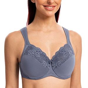 MELENECA Dames Ongewatteerde Beugel Flora Kanten Grote Borsten Dagelijks volle-cup-beha grijs blauw 75G