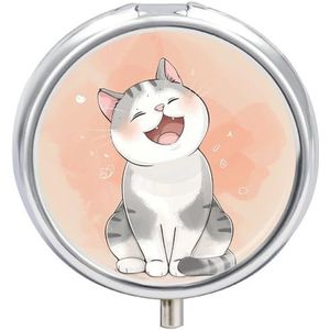 Happy Cat pillendoos 3 compartimenten reispillenorganisator 3 keer per dag schattige mini-pillenetui voor portemonnee en zak draagbare metalen medicijndoos met spiegel ronde dagelijkse
