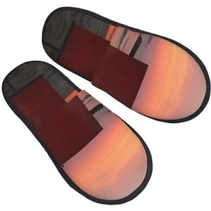 DJUETRUI Harige pantoffels voor heren en dames, antislip slippers, traagschuim pantoffels, schilderen, zonsondergang aan zee, warme comfortabele pluche schoenen, winterhuisschoenen voor binnen en