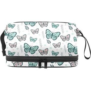 Dubbellaags Cosmetische Tas Vlinders Planten Draagbare Make-up Tas Travel Organizer Pouch voor Vrouwen Meisjes Toiletartikelen Tassen, Meerkleurig, 27x15x14 cm/10.6x5.9x5.5 in, Make-up zakje