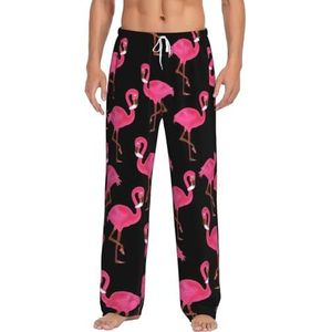 Mooie Roze Flamingo's Mannen Lange Lounge Wear Broek Nachtkleding Pyjama Bodems Nachtkleding Met Zakken En Trekkoord, Wit, S