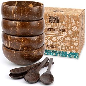 Jungle Culture® Kokoskommen en lepels Set van 4 • Houten kommen met bamboe rietjes en zakjes • Granen & Salade Serveerkommen • Açai Smoothies Pasta • Vegan & Eco-vriendelijk cadeau