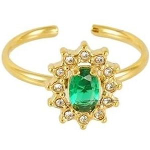 Damesbloemring roestvrij staal liefde vierkant dubbellaags diamant 18K ring live mond verstelbare zirkoonring (Color : Flower [Green]_Adjustable)