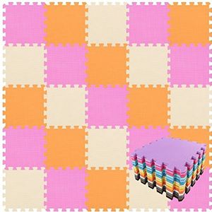 Zachte babyspeelmatten uit EVA-schuim voor op de vloer, draagbare en opvouwbare puzzelstukken, 25 tegels (30 x 30 x 1 cm), oranje, roze, beige. QQC-BCJb25N
