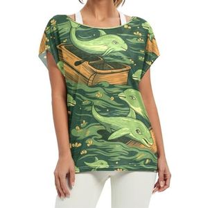 Doodle Cute Dolphins dames korte vleermuismouwen shirt ronde hals T-shirts losse tops voor meisjes, Patroon, M