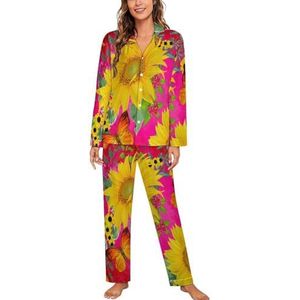 Gele Zonnebloemen Vlinder Lange Mouw Pyjama Sets Voor Vrouwen Klassieke Nachtkleding Nachtkleding Zachte Pjs Lounge Sets