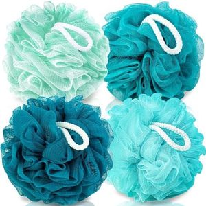 MTDLYICE Loofah Spons 75g 4 Pack, Badspons Zachte Mesh Douche Puff Loofah voor Vrouwen, Exfoliërende Body Scrubber, lufas voor Vrouwen, Douche Accessoires (Blauw)