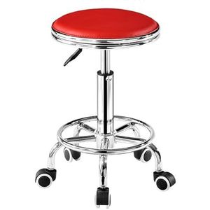 FXLUHAY Heavy Duty Ronde Rolling Kruk met Voetsteun PU Lederen Hoogteverstelling Moderne Industriële Metalen Stijl Swivel Spa Salon Tattoo Werk Massage Krukken (Rood)