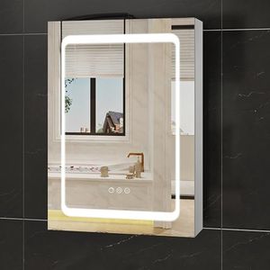 EUGAD Spiegelkast badkamer met verlichting, met stopcontact, glazen planken, badkamerkast met spiegel, verstelbare helderheid, lichtkleur, anti-condens, van roestvrij staal glas, 50 x 70 x 15 cm,