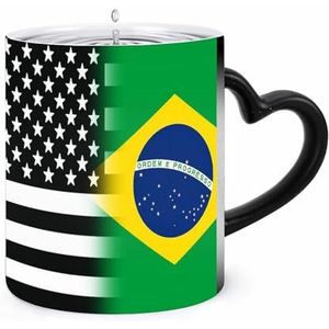 Zwart en wit USA Braziliaanse vlag koffiemok 11oz kleur veranderende mokken hartvormige handvat warmtegevoelige verkleuring kopjes