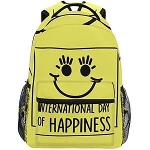 Gele Happy Slogan School Rugzak voor Meisjes Jongens Middelbare School Stijlvolle Ontwerp Student Tassen Boekentassen, Patroon, 11.5×8×16In