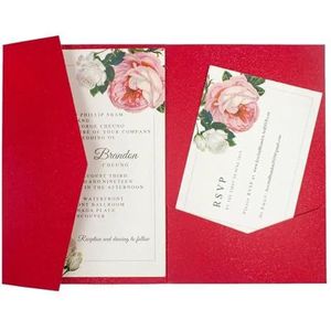 Bruiloft uitnodigingskaarten 50 Rose Laser Cut Tri-fold bruiloft uitnodiging kaarten kit zak uitnodiging envelop (kleur: parel rood, maat: blanco set)