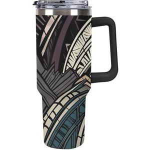 AQRJLPM Art Deco Autobeker met geometrisch patroon, roestvrij staal, beker met rietje en deksels, lekvrij, geïsoleerd, roestvrij staal, reisbeker, geschikt voor koude warme dranken op de camping