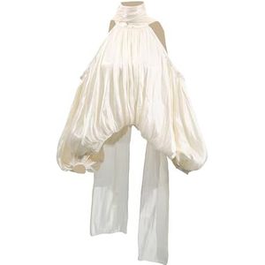 CakfLjkhl Off Shoulder Halter Mock Neck Tops voor Vrouwen Geplooide Vlinderdas Pofmouwen Dressy Casual Blouse Shirts,Apricot,L