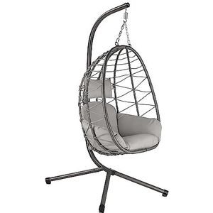HinHocker Hangstoel met frame, hangschommel voor binnen en buiten, incl. kussen en kussen, rieten stoel, hangstoel terras, eistoel, hangmand fauteuil, droomswinger, grijs
