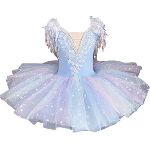 Meisjes balletjurk, kwastjes pannenkoek dansvoorstelling tutu jurk strass bloemen borduurwerk kant Little Dancewear zwaan V-hals spaghettibandjes ballerina kostuum,Blauw,100