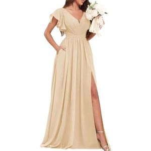 Chiffon bruidsmeisjesjurken voor dames, voor bruiloft, met split, avondgalajurken, cocktailjurken, grote maten, Champagne, 32