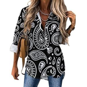 Zwart-wit paisley-patroon damesblouses Hawaiiaanse button down damestops shirts met lange mouwen T-shirts XL