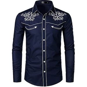 NW Mens stijlvolle westerse cowboy shirt geborduurd slim fit casual lange mouwen shirts heren bruiloft party shirt, NAVY-01, M