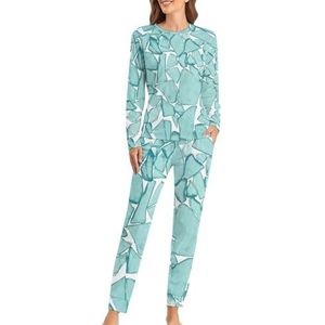 Blauwgroen zeeglas nautische print zachte damespyjama met lange mouwen warme pasvorm pyjama loungewear sets met zakken XL