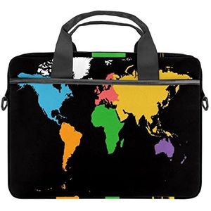 Kleurrijke Wereldkaart Zwarte Achtergrond Laptop Schouder Messenger Bag Crossbody Aktetas Messenger Sleeve voor 13 13.3 14.5 Inch Laptop Tablet Beschermen Tote Bag Case, Meerkleurig, 11x14.5x1.2in /28x36.8x3 cm