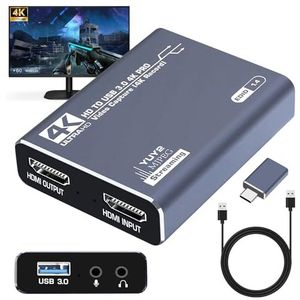 Video Capture Card 4K HDMI naar USB 3.0, 1080p 60Hz Audio Video Capture Card Game Capture Card High Speed 4K HDMI Loop-Out, video-opnamekaart voor PS4/PC/OBS/camera/streaming/teaching/conference
