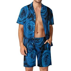 Mooie blauwe rozen Hawaiiaanse bijpassende set 2-delige outfits button down shirts en shorts voor strandvakantie