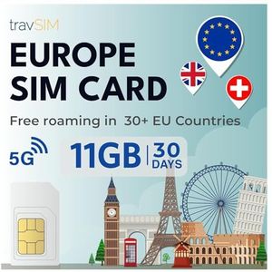 travSIM Prepaid Europa SIM Kaart | 12GB Mobiele Data bij 4G/5G Snelheden | Deze SIM Kaart kan Gebruikt Worden in 20+ Landen Inclusief het Verenigd Koninkrijk & Zwitserland | Geldig voor 30 Dagen
