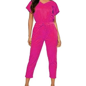 Dames zomer 2 stks Loungewear Pullover Trainingspak Dames Zakken Broek Trekkoord Outfits Onderzijde Korte Mouw Pak Casual Set, Hot Pink V-hals, 44/46 NL