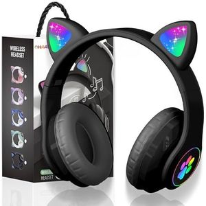 OHAANYY Kattenoor-hoofdtelefoon, kinderverjaardag, cadeaus, kinderen, led-kattenoren, opvouwbaar, draadloze Bluetooth over-ear stereo hoofdtelefoon met microfoon, voor mobiele telefoon, tablet, pc