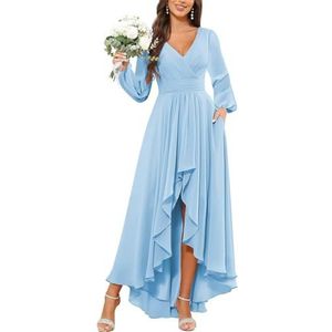 KURFACE Bruidsmeisjesjurken met lange mouwen voor vrouwen met zakken geplooide chiffon formele avondjurk feestjurk, Lichtblauw, 32