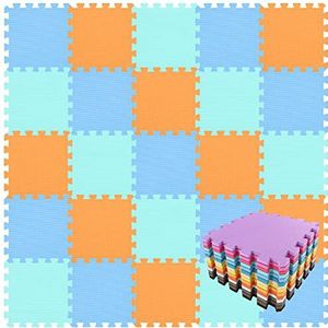 Zachte babyspeelmatten uit EVA-schuim voor op de vloer, draagbare en opvouwbare puzzelstukken, 25 tegels (30 x 30 x 1 cm), oranje, blauw, groen. QQC-BGHb25N